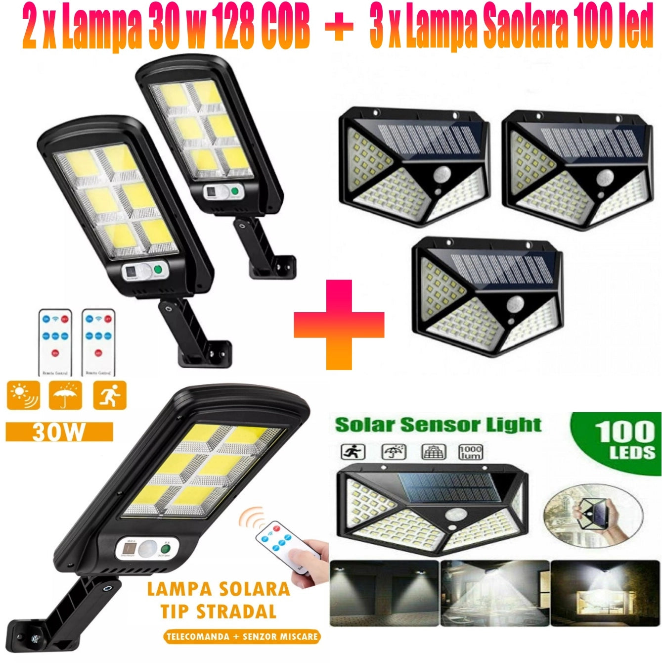 SET 2 X Lampa Solara cu LED, 30W, 128 COB + SET 3 x Lampa Solara 100 LED