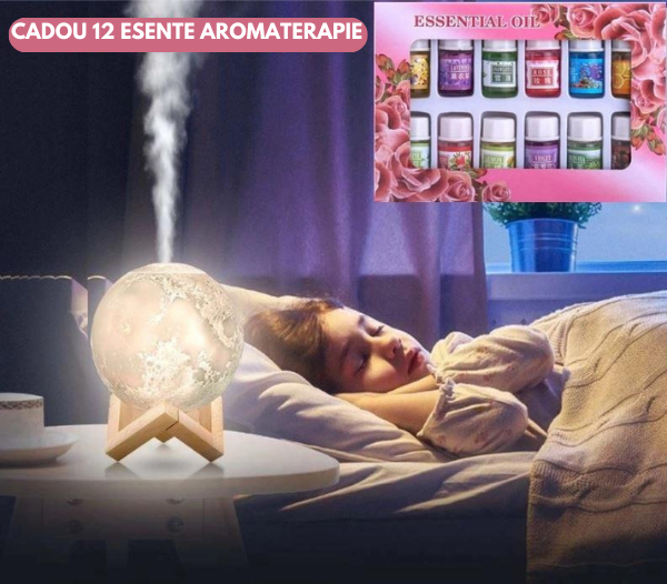 Lampa de veghe cu umidificator Aroma terapie, Luna Moon 3D + CADOU 12 esente aromatice