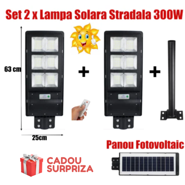 Set 2 x LAMPA SOLARA LED, JORTAN Slim , 300W,Senzor de Miscare, SUPORT, TELECOMANDA + CADOU SURPRIZA