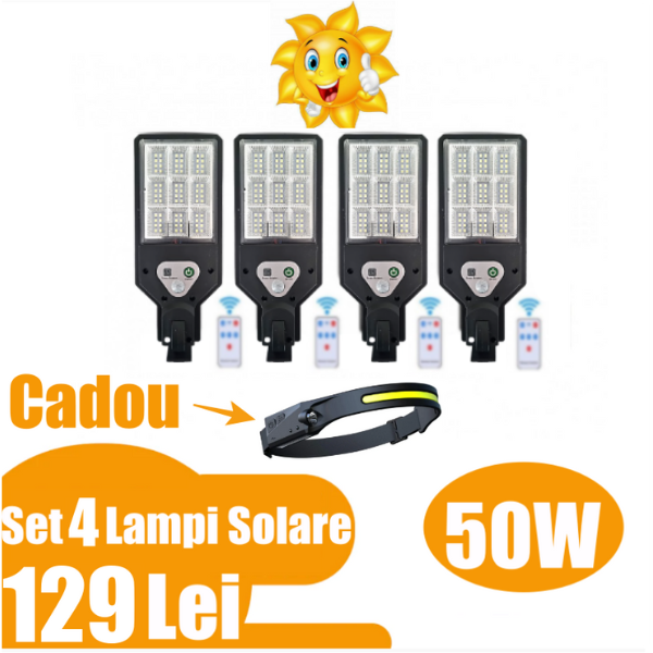 Set 4 x Lampi Solare de Perete cu 72 LED-uri, 50W, Telecomanda, + CADOU Lanterna Led De Cap