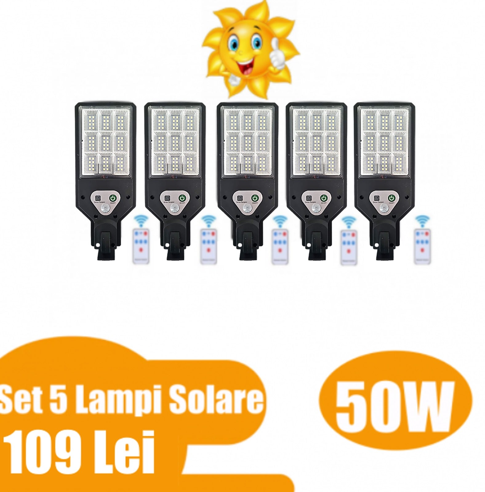 Set 5 x Lampi Solare de Perete cu 72 LED-uri, 50W, 3 Moduri de Functionare, Telecomanda, Senzor de Miscare si Lumina