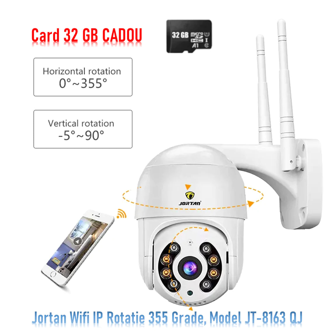 Camera De Supraveghere Jortan Wifi IP, Rotatie 355 Grade, Model JT-8163 QJ + CARD MEMORIE CADOU