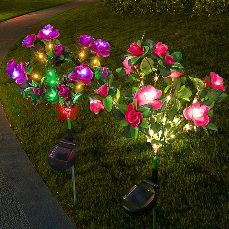 Lampa Solară Set 2 x Trandafiri Roz cu 7 Flori LED M373-8, Decor Floral de Gradina, IP66, 60cm, Iluminare Calda