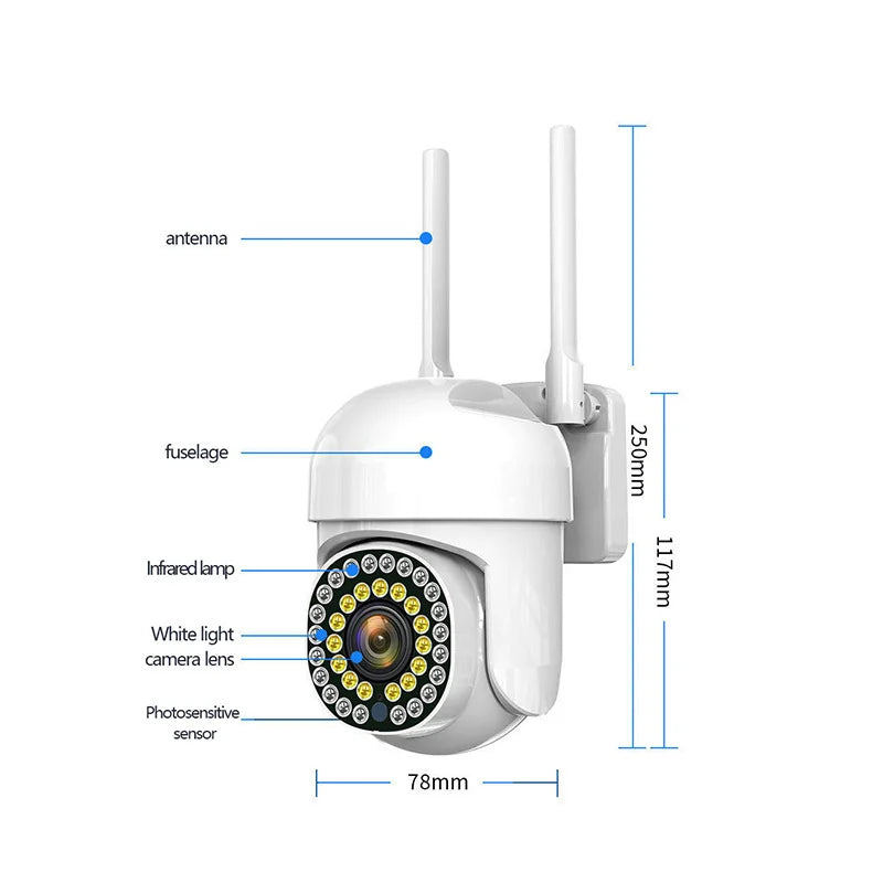 Cameră de Supraveghere Smart WIFI, 36 LED-uri, HD, Viziune Nocturnă cu Infraroșu și Protecție IP66, Transmisie Live pe Telefon