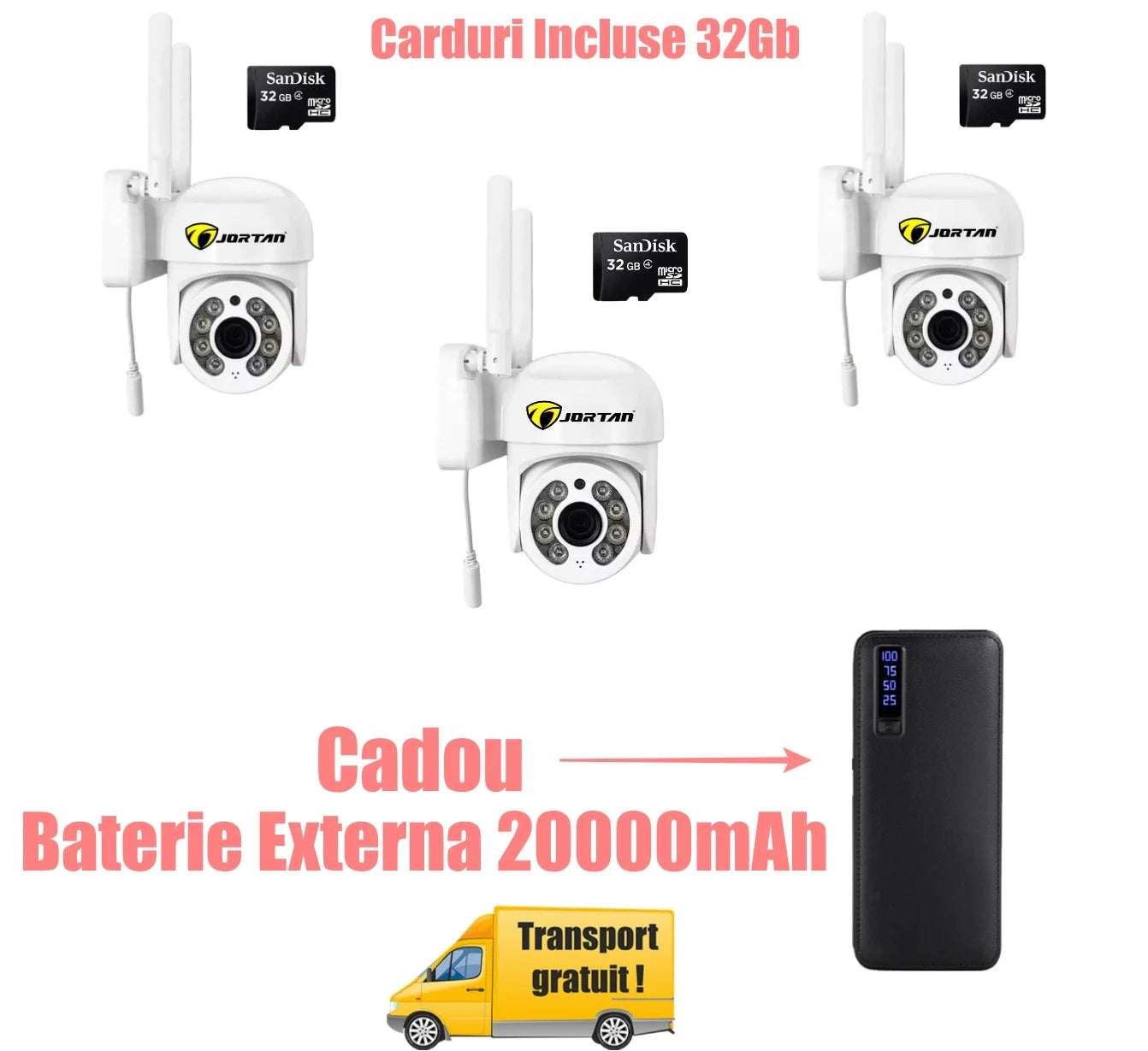 Oferta Verii ! 3 X Camera De Supraveghere Jortan Wifi + 3 Carduri 32GB + Cadou Baterie Externa
