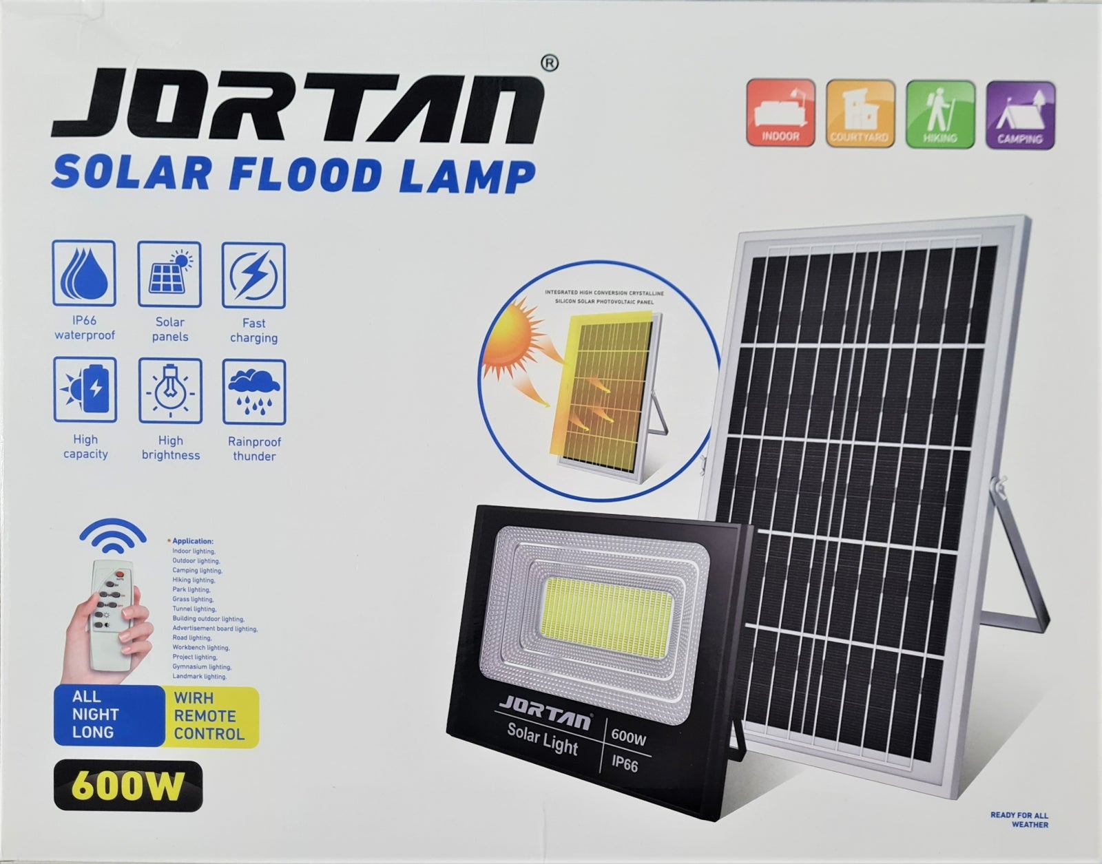 Proiector LED Jortan cu panou solar si telecomanda, 50w , 100w , 200w ,400w , 600w ,IP66 , 6500 k