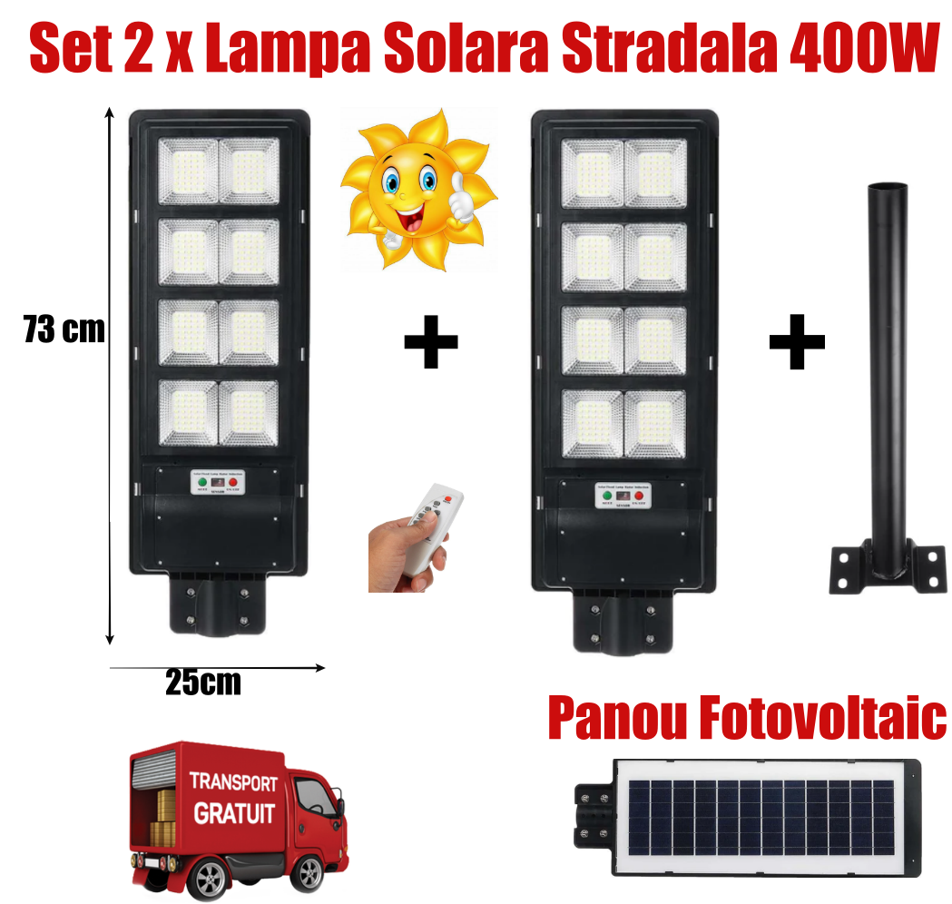 Set 2 X Lampa Solara, 400W Jortan Slim Senzor de Miscare + Telecomanda + Suport Metalic Cadou + CADOU SURPRIZA