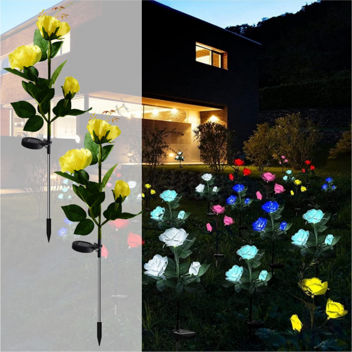 Set 2 x Lampi Solare Trandafir cu 3 Flori LED – Decor Elegant de Gradina, Tarus si Panou Solar