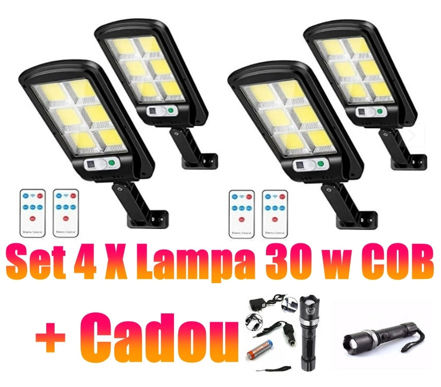 SET 4 X Lampa solara 30W COB cu telecomanda + Lanterna Profesionala Swat