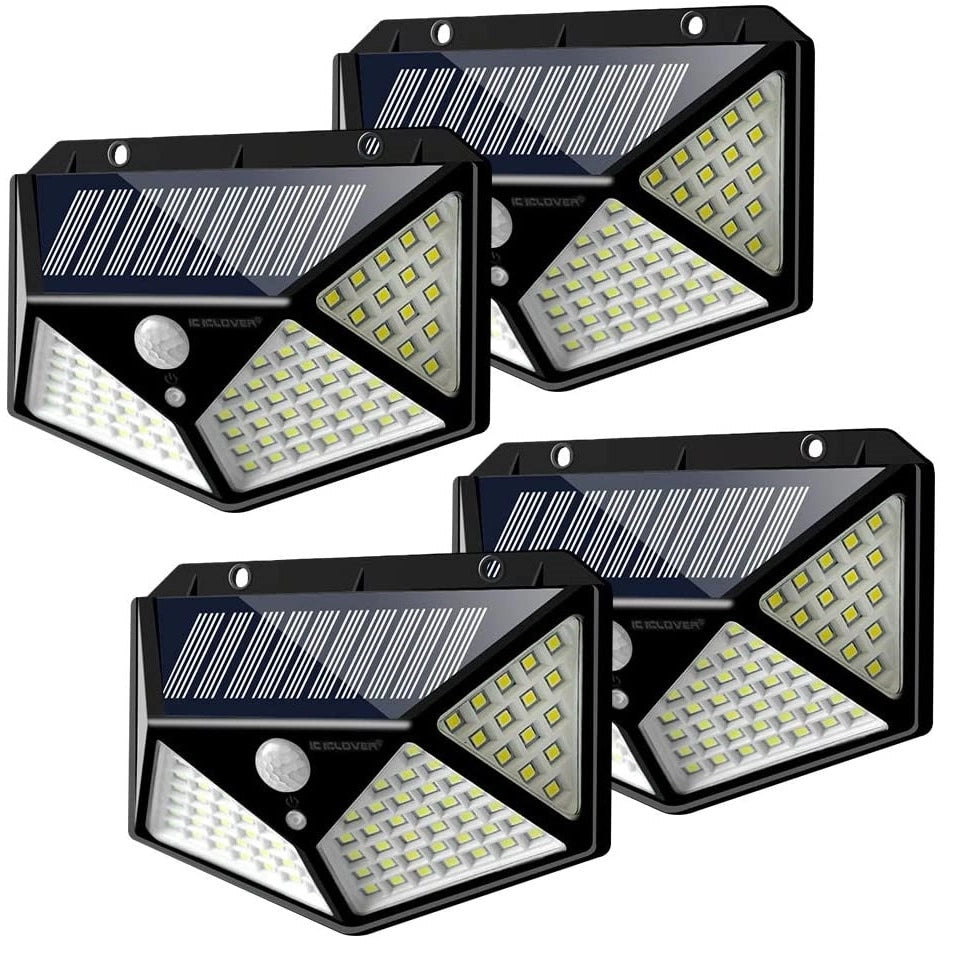 Set 4 x Lampa 100 LED cu panou solar, senzor de miscare +CADOU Lanterna profesionala de cap reglabila cu 5 led LED
