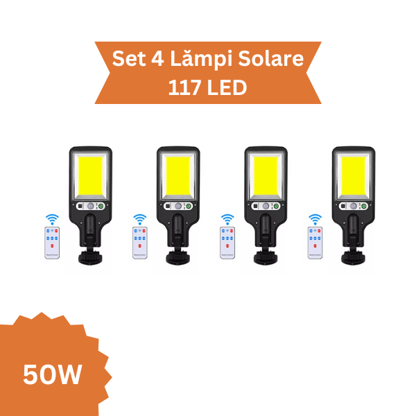Set 4 x Lampi Solare de Perete cu 117 LED-uri COB, 50W, Telecomanda