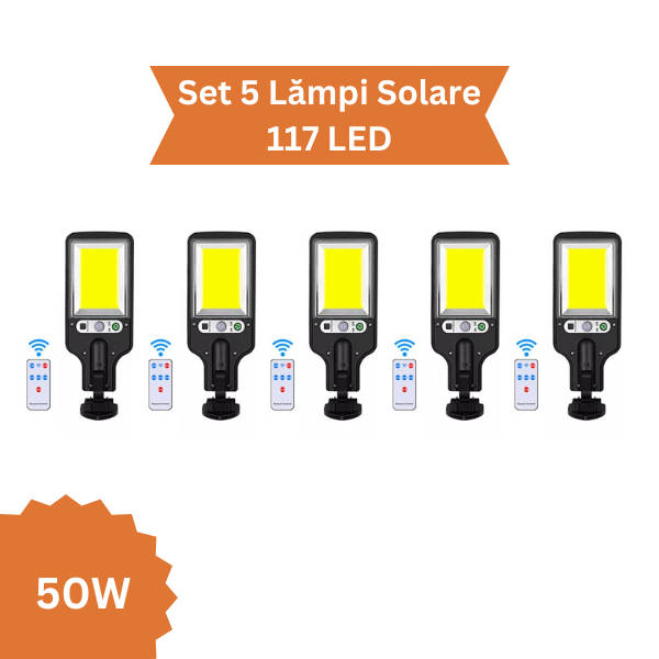 Set 5 x Lampi Solare de Perete cu 117 LED-uri COB, 50W, 3 Moduri de Functionare, Telecomanda, Senzor de Miscare si Lumina