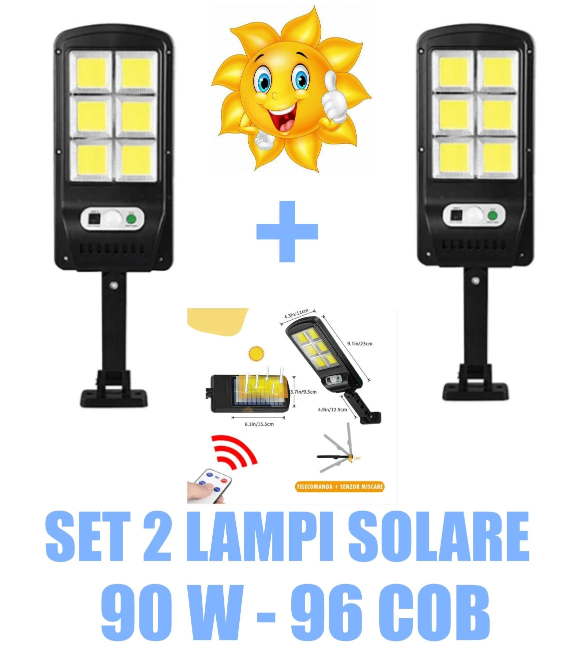 Pachet 2 x Lampa Solara de Perete cu 96 LED-uri COB, 3 Moduri de Functionare, Telecomanda, Senzor de Miscare si Lumina