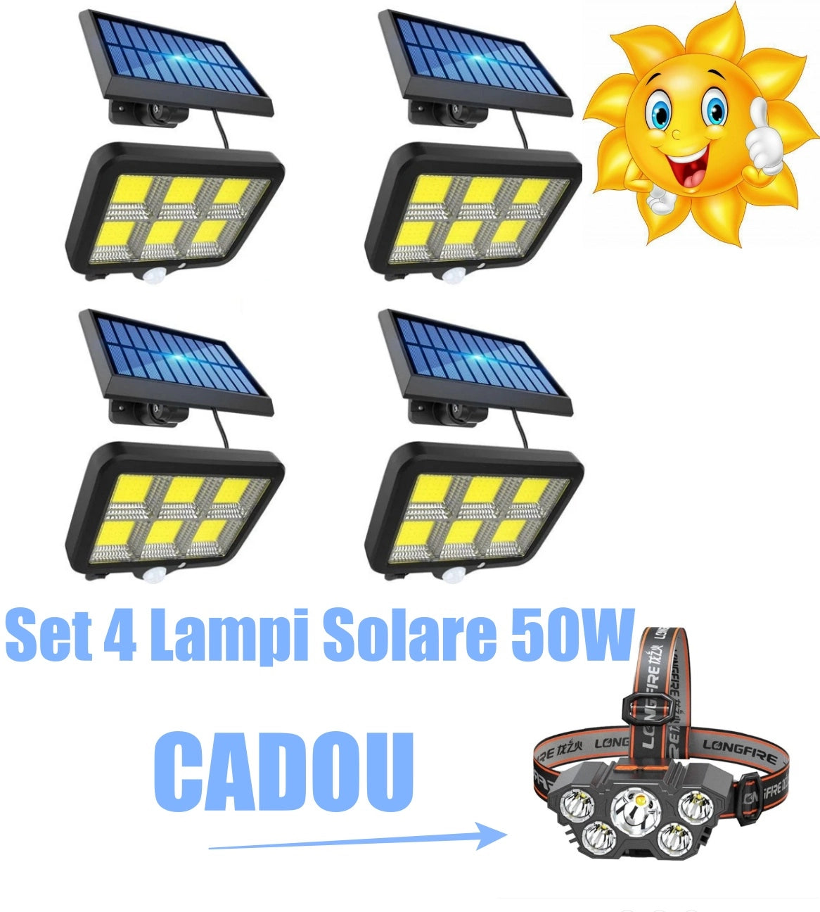 Pachet 4 x Lampa Solara 50W - 96 LED COB, cu PANOU DETASABIL + CADOU