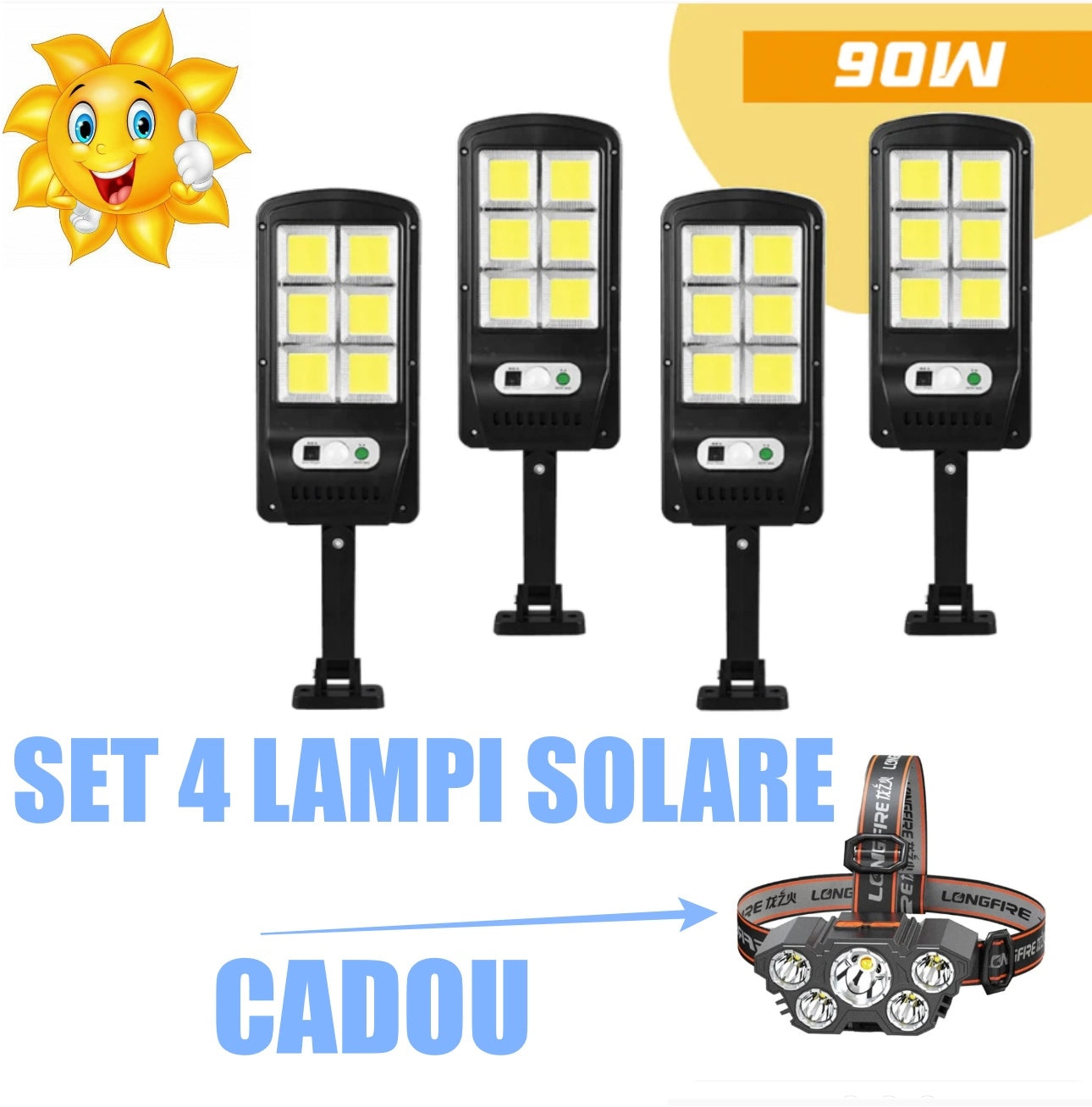 Pachet 4 x Lampa Solara de Perete cu 96 LED-uri COB, 3 Moduri de Functionare, Telecomanda, Senzor de Miscare si Lumina + CADOU